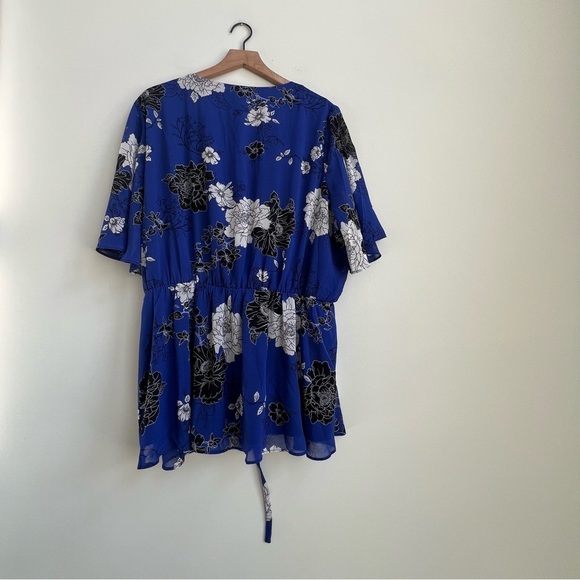 New City Chic La Fleur Blue Floral Blouse XXL Flutter Sleeve Faux Wrap Chiffon - Picture 8 of 11